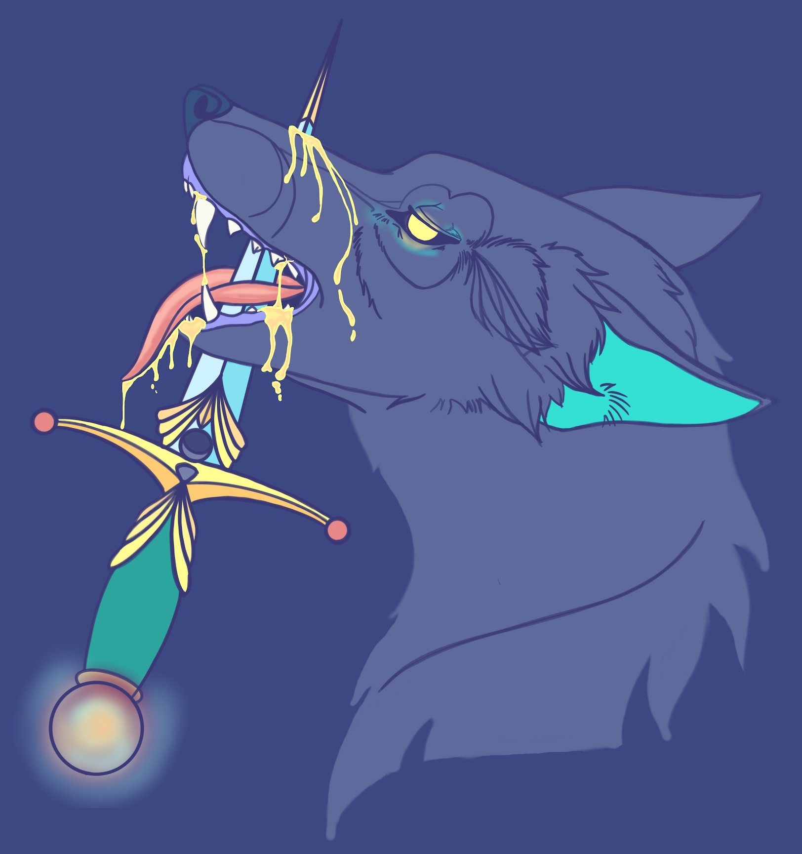 wolf with dagger through muzzle, digitally colored